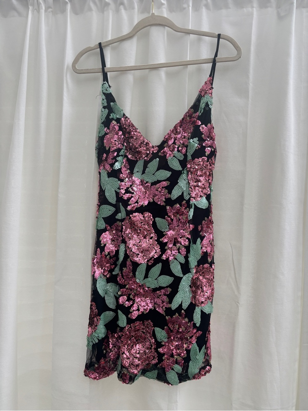 Glamorous Black Slip Dress with Pink Sequins and Mint Leaves